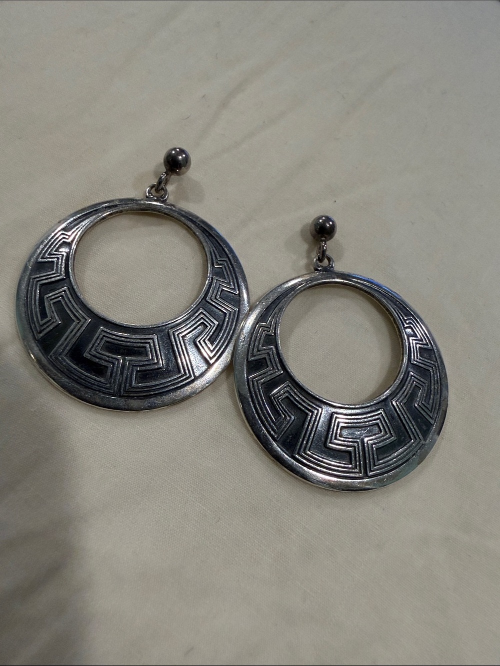 Carved Greek Key Hoop Drop Earrings in Silver-Tone